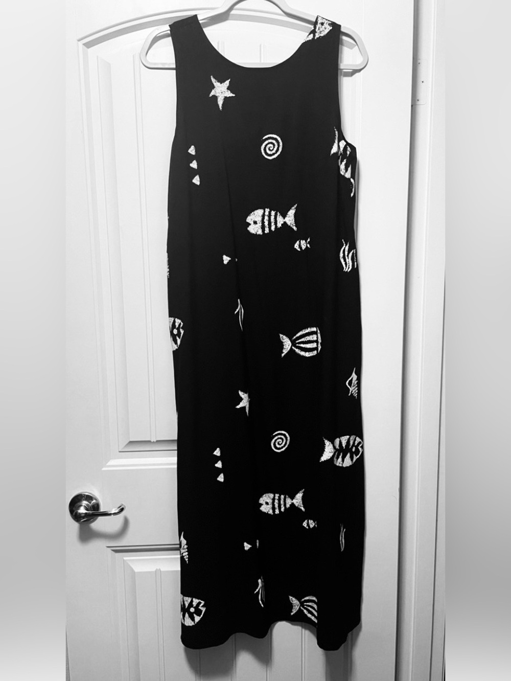 Connie Choi vintage A-line midi dress Black Sleeveless White fish large